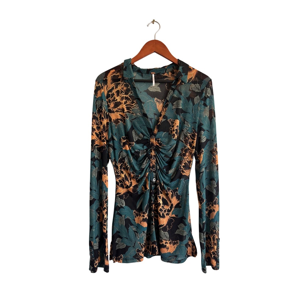 Free People Floral Mesh Ruched Button Down Blouse Teal Gold Womens M